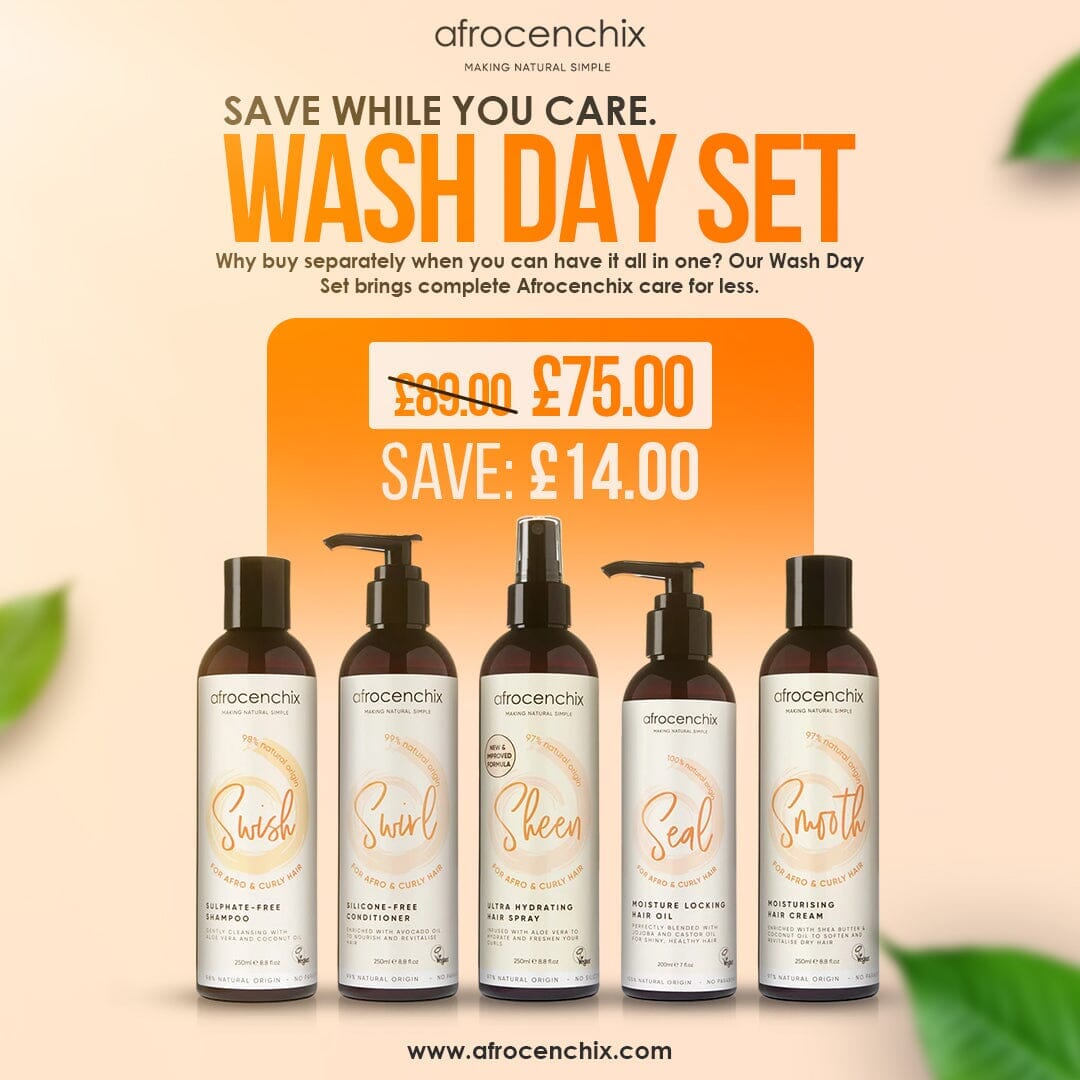 Afrocenchix Wash Day Set with pricing and product display on a beige background