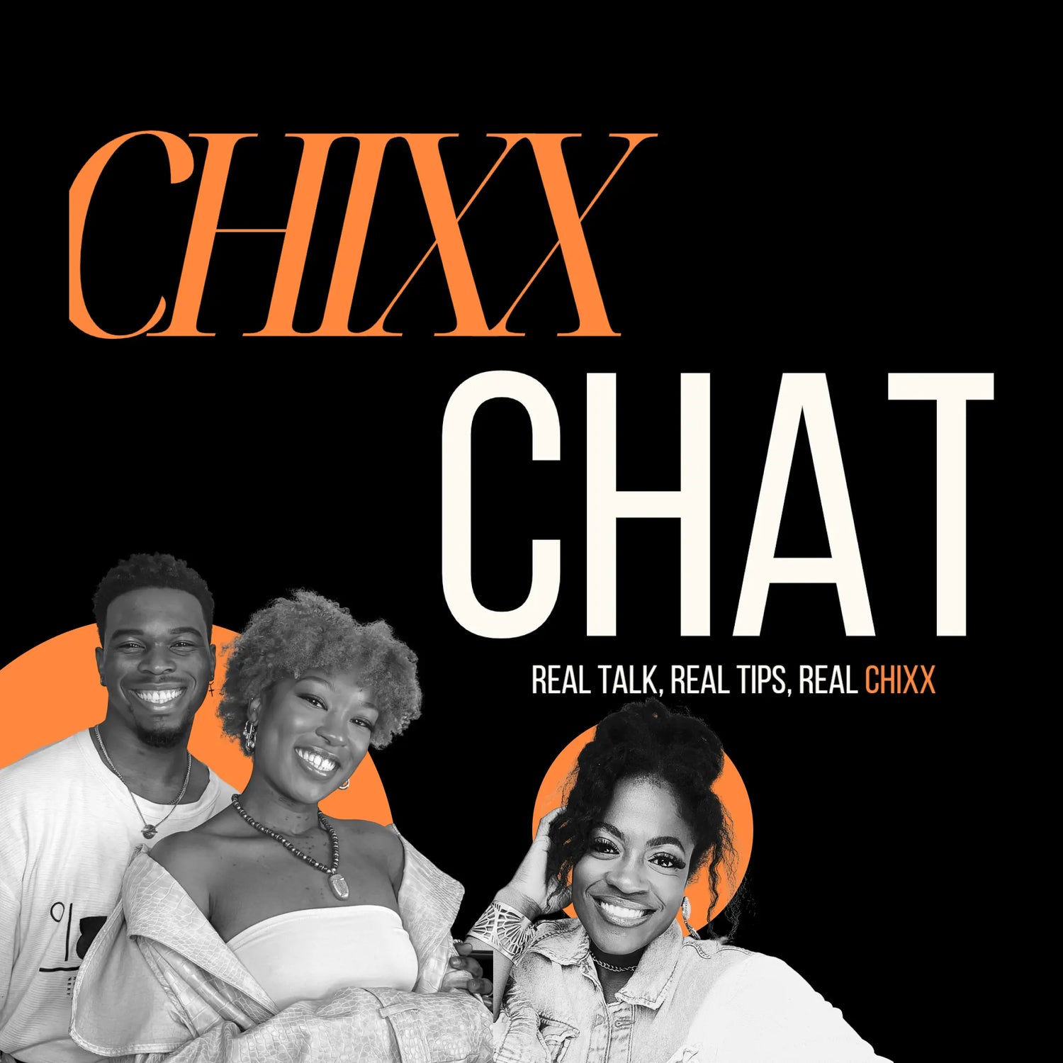 Promotional graphic for 'CHIXX Chat' with three people and text on a black background