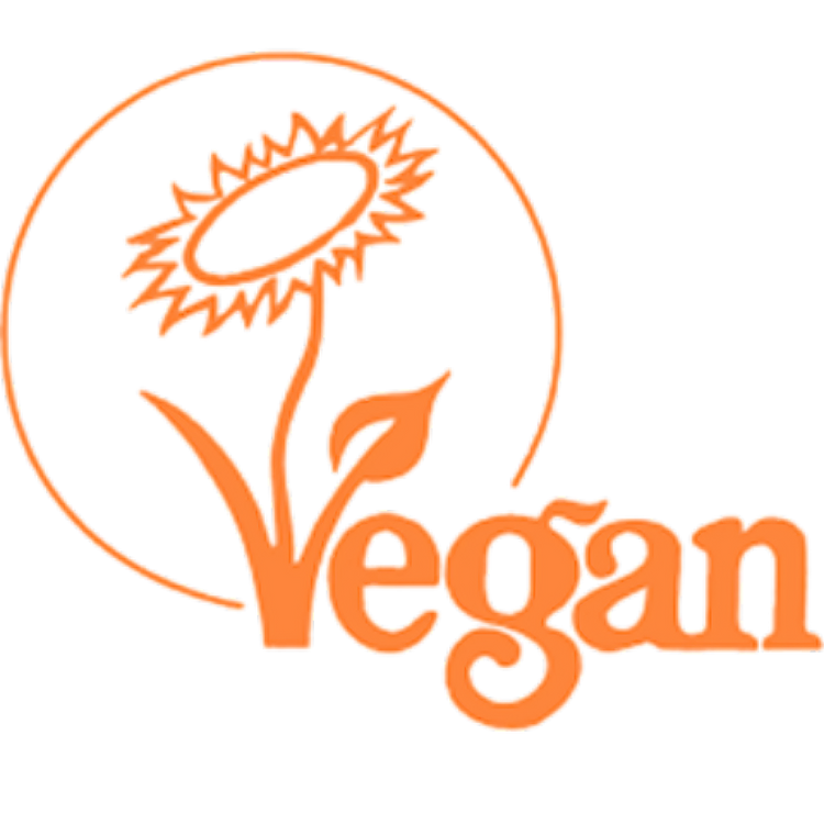 Orange sunflower with 'vegan' text on white background