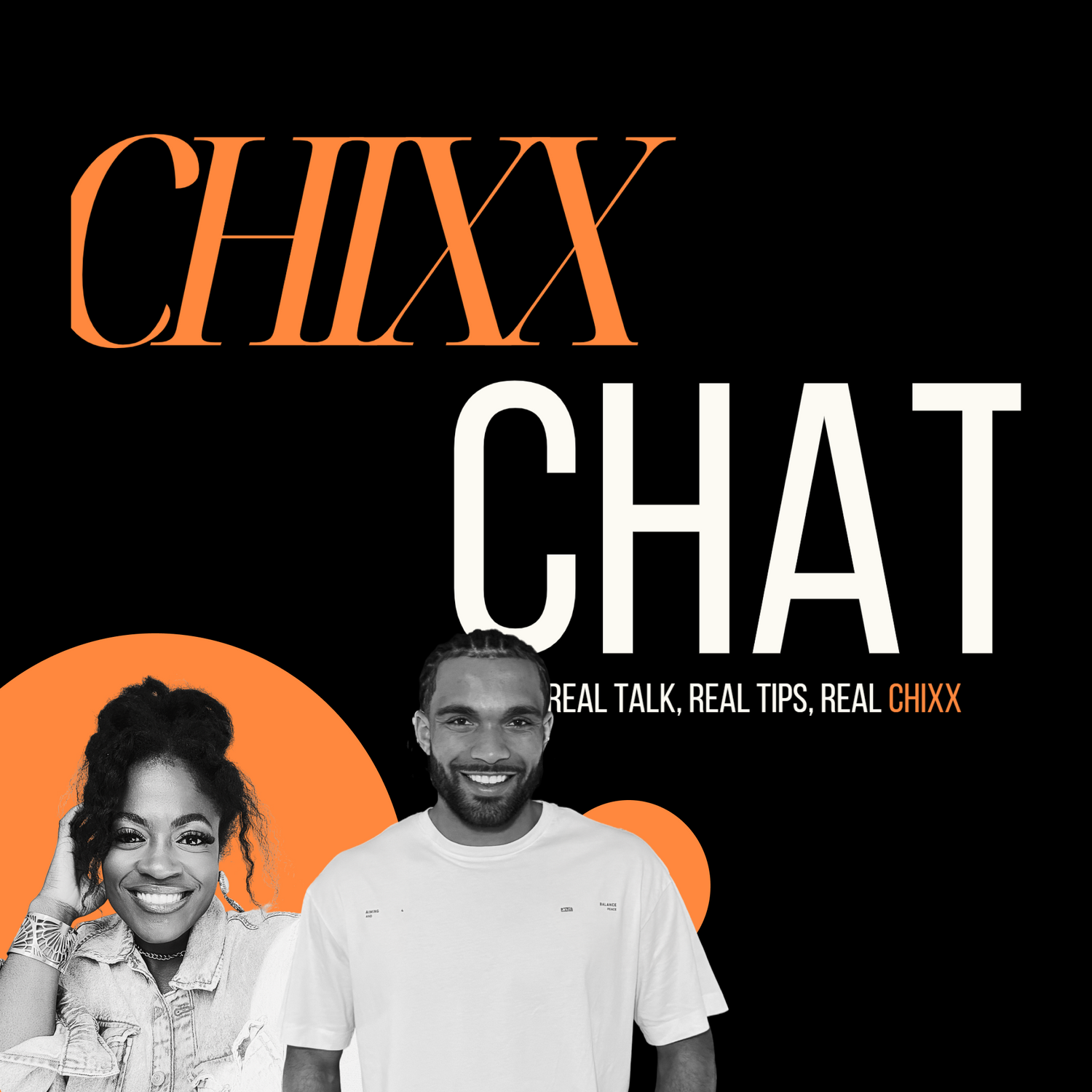 Promotional graphic for 'CHIXX Chat' with two people and text on a black background
